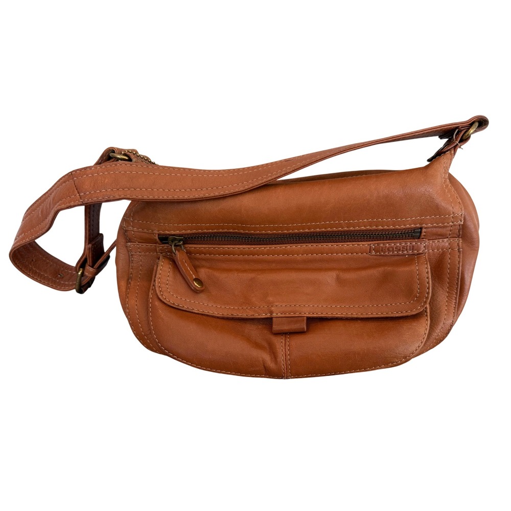 Fossil Cognac Brown Leather Small Shoulder Bag Multi Pocket Brass Hardware